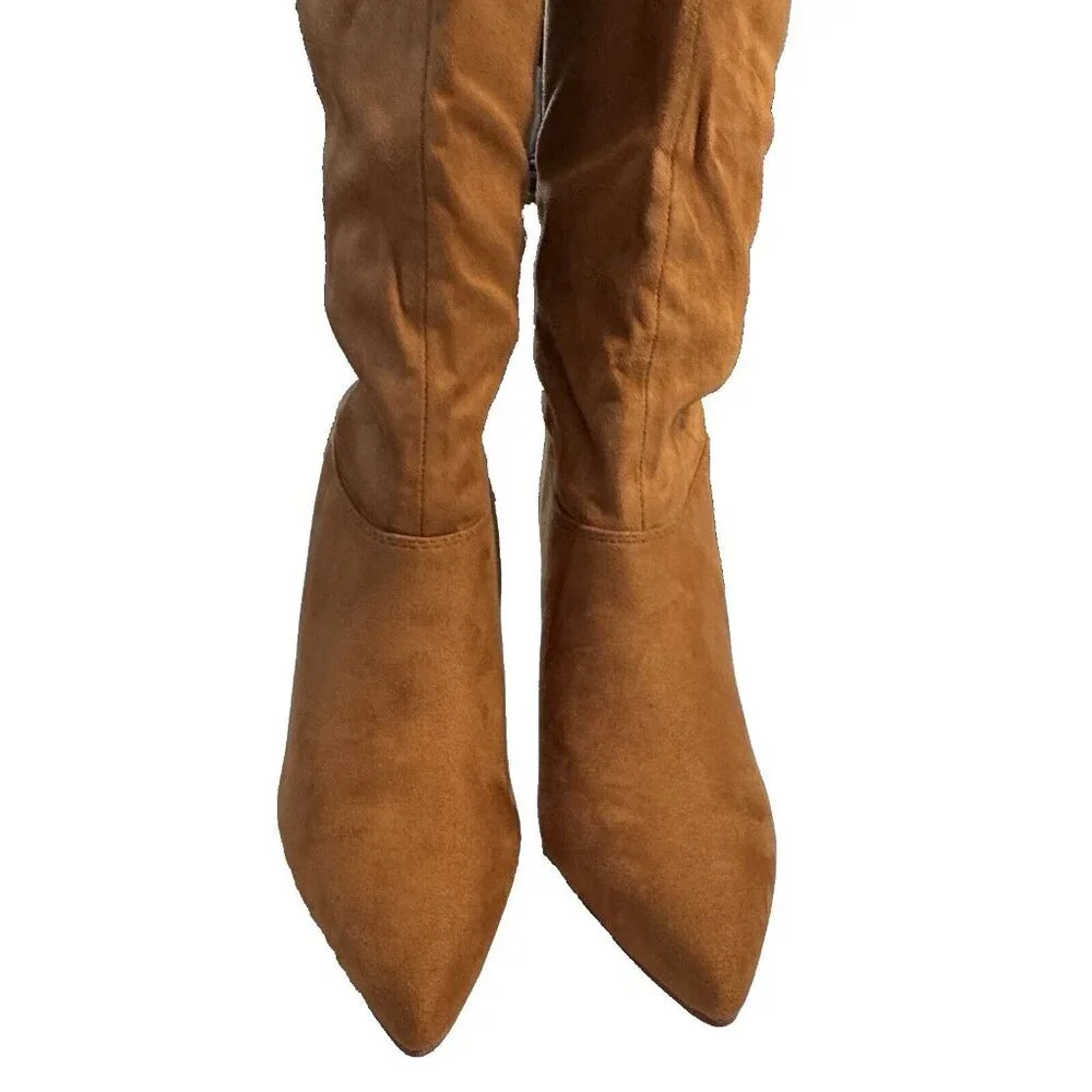 Brown Over-The-Knee Suede Boots Women Size 9.5 Lace-Up Fashion 3.75 In Heels NEW